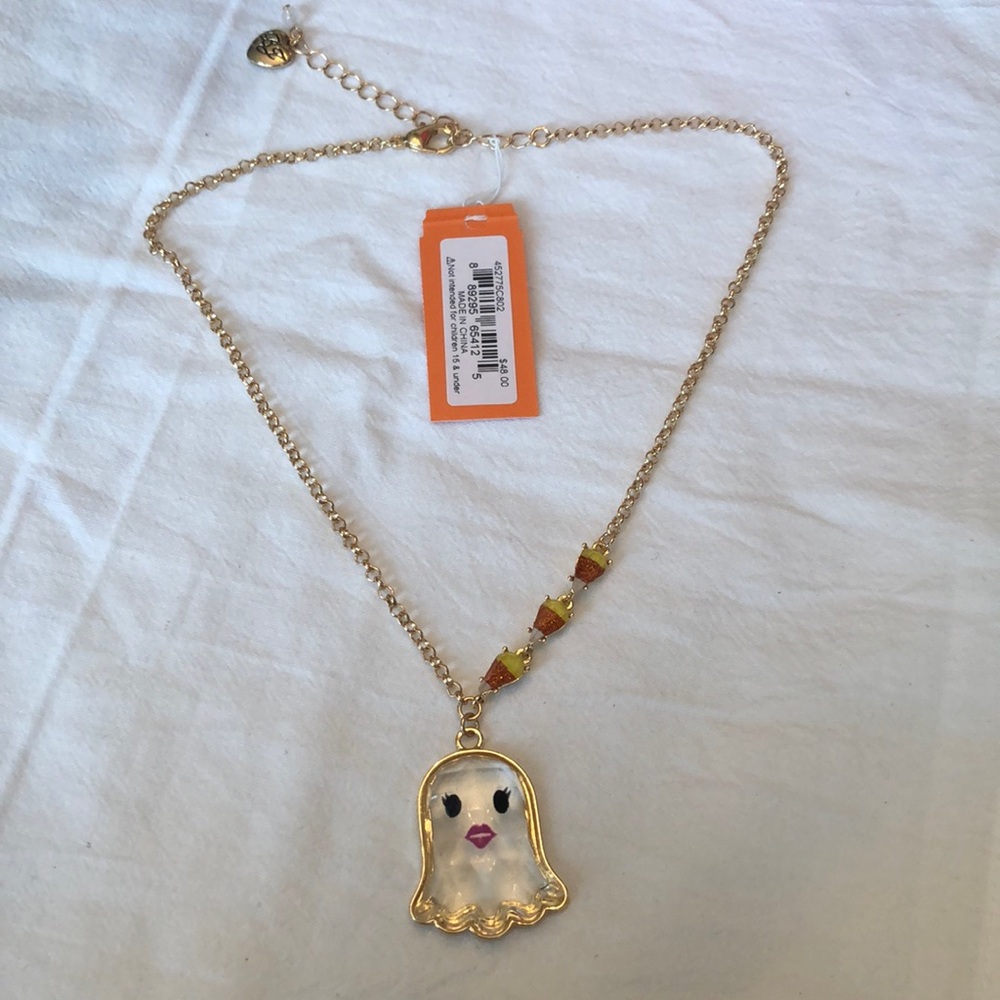 Betsey Johnson Gold Tone Clear Acrylic Ghost Pendant Necklace Candy Corn NWT